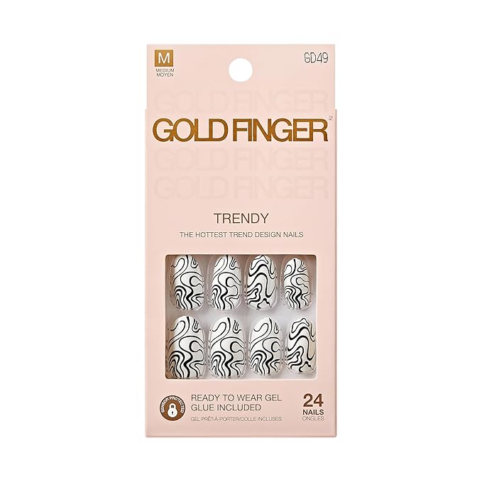 GoldFinger 24 Pcs Press On Nails,Medium Oval Fake Nails, Black White Swirl Gel Stick On Extensions, Reusable Full Cover False Nail Kit with Glue, Manicure Stick & File, 7 Day Long Lasting Wear