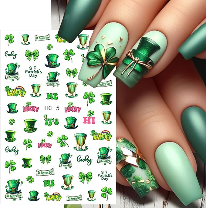6 Sheets St Patricks Day Nail Stickers Lucky Rainbow Clover Nail Art Stickers Irish Flag Horseshoe Hat Beer Gold Coins Shamrocks Nail Decor 3D Self-Adhesive St. Patrick's Day Nail Decals for Women