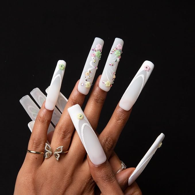 LOVFUL Press on Nails Rococo | Handmade with Full Covered Crystals | Reusable Fake Nails | Square | H94-S, pink