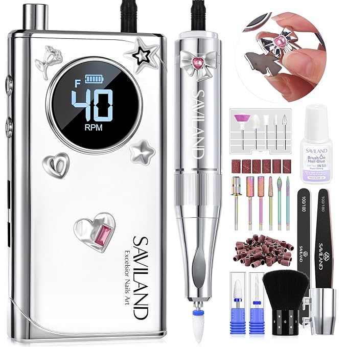 SAVILAND Professional Electric Nail Drill : 40000RPM Portable Nail Drill Kit E File with Drill Bits Rechargeable 6000mAh for Acrylic Gel Nails for Salon Home, Y2K