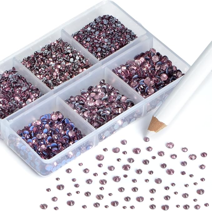 NCB Hotfix Iron on 8000pcs Crystal Rhinestones Round Gem for Crafts Decoration DIY Jewelry Making with a Picking Pen (Lt. Amethyst, 6Sizes SS3-SS12)