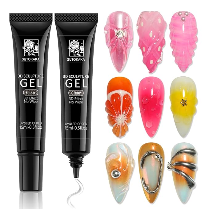 3D Gel Nail Art, 2 Pcs 15g Clear No Wipe Sculpting Gel for Carving, Molding and Painting 3D Nails Art Designs, Rhinestone Glue for Gems Decoration Manicure Salon Home DIY