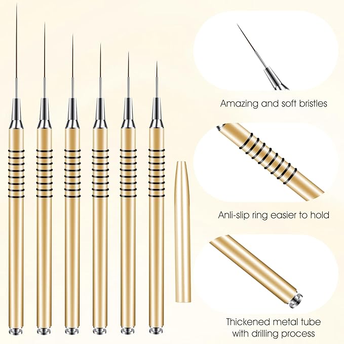 Metallic Nail Art Brushes 6 Pcs Non Slip Liner Brushes Set UV Gel Polish Painting Art Design Pen Silver Color Nail Tools for Long Lines Thin Details Fine Drawing Sizes 5/7/9/11/20/25mm (Gold)