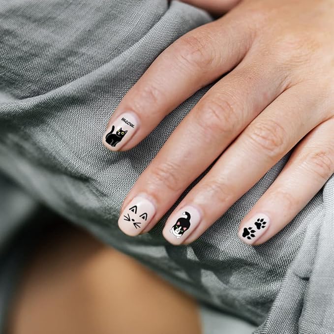 WIRESTER 8 Sheets of Nail Art Stickers Decals - Self-Adhesive Nail Decals for Women Kids Girls - Cats (Cat Face, Cat Paws, Fish Bone, Meow, Heart, Bow Tie)