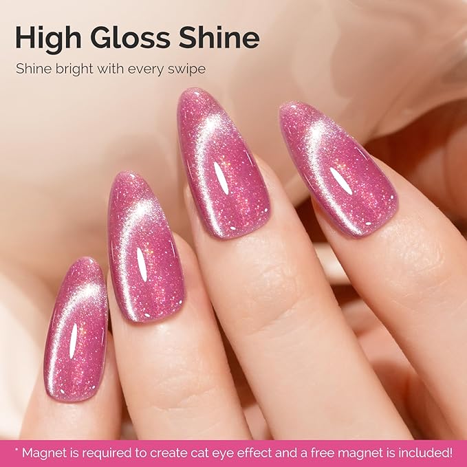 MelodySusie Starry Cat Eye Gel Nail Polish, 0.5 Fl Oz Pink Glitter Holographic Magnetic Nail Polish with Magnet, UV Nail Polish for Nail Art Manicure Salon DIY at Home G1602