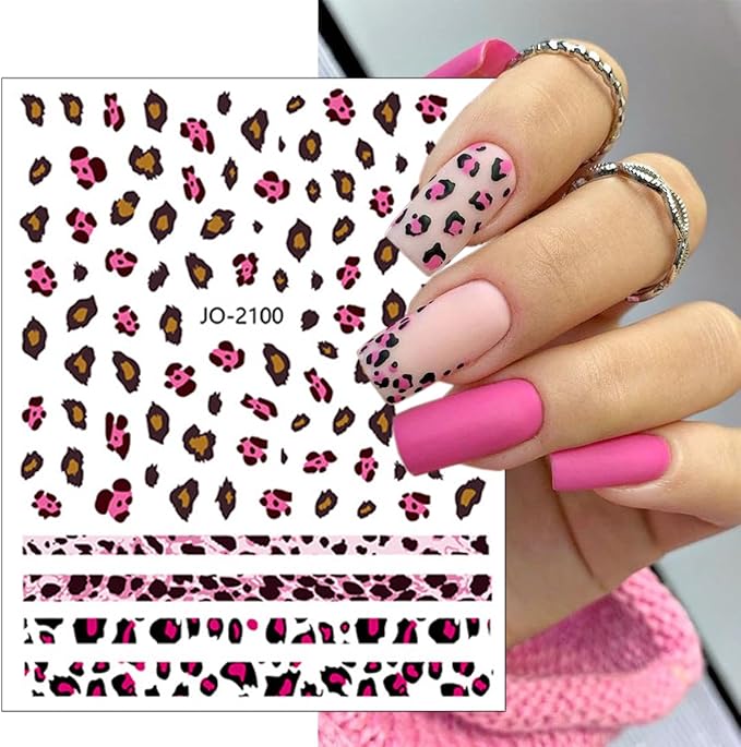 Leopard Nail Stickers for Nail Art,6Sheets Self-Adhesive Leopard French Nail Decals for Designer DIY Nail Art Supplies Pink Blue Brown Leopard Design 3D Nail Art Stickers for Women Girls Manicure Tips