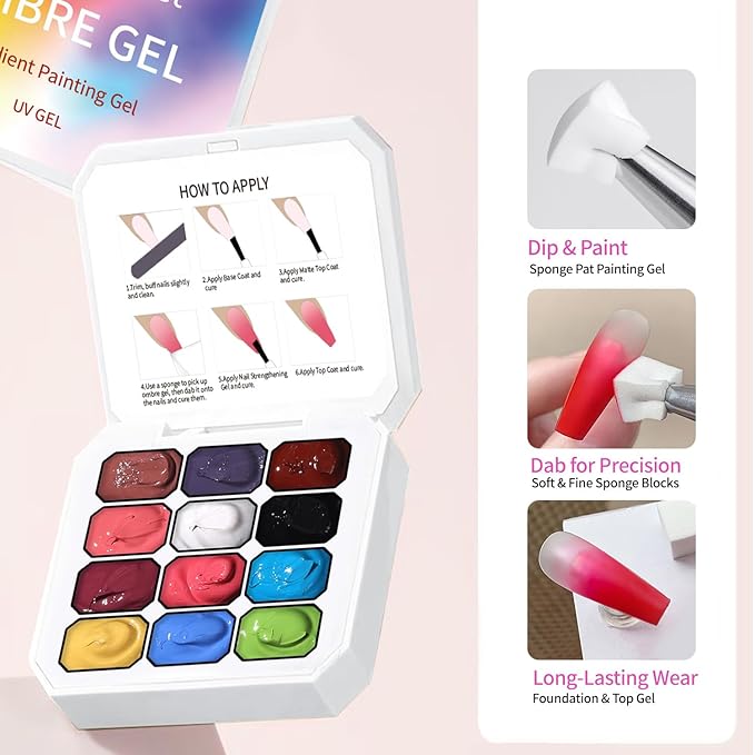 Pat Painting Gel Gradient Nail Art 12 color Ombre Nail Polish With 100pcs Nail Sponges & Grabbing Pen For Completion Of Painting Glue For Nail Art Complex Design (c1)