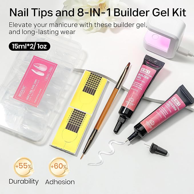 MIZHSE Gel Nail Kit, Fake Nails Long Almond, 8-in-1 Builder Gel for Nails & Portable Mini U V Light, 240Pcs Half Matte Nail Tips for Nail Extension Home DIY Nail Salon