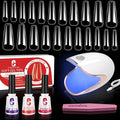 Clara Colors 550pcs Long Coffin Full Tip Coverage Clear Acrylic Artificial False Soft Gel Nail Tips Full Kit with Primer, Base Adhesive, Top Coat, UV Lamp, and Buffer