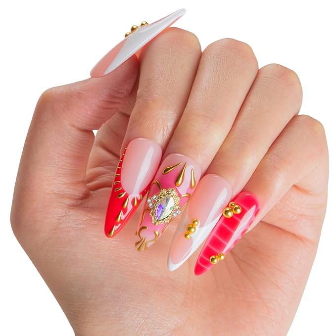 LOVFUL Short French Tip Press on Nails Royal Flame | Handmade Acrylic Press ons| Reusable Fake False Nails | Stiletto Classic Regular 1.3in | H703-M