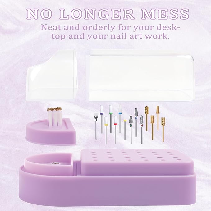 Nail Drill Bits Holder 2 in 1 Nail Drill Bits Cleaning Brush Case, 30 Holes Dustproof Acrylic Nail Drill Holder Storage Box, Nail Drill Bit Holder Stand Displayer Organizer for Home Salon Use (Purple)