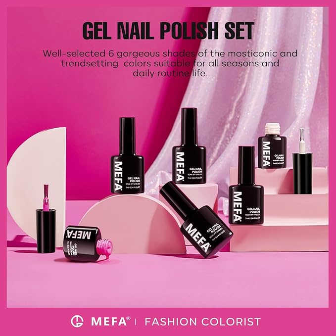 MEFA Pink Gel Nail Polish Set 6 Colors, Hot Pink Shades Spring Neon Light Bright Magenta Electric Tones Craze Nail Art Design Salon at Home DIY Manicure Kit Valentines Gifts for Women