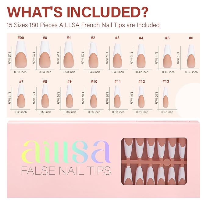 AILLSA French Gel Nail Tips, 180 Pcs French Tip Press On Nails Long Coffin Brown, Pre-Applied Primer & Base Coat, No Need File, Soft Nail Tips, Fake Nails for Nail Art DIY 15 Sizes