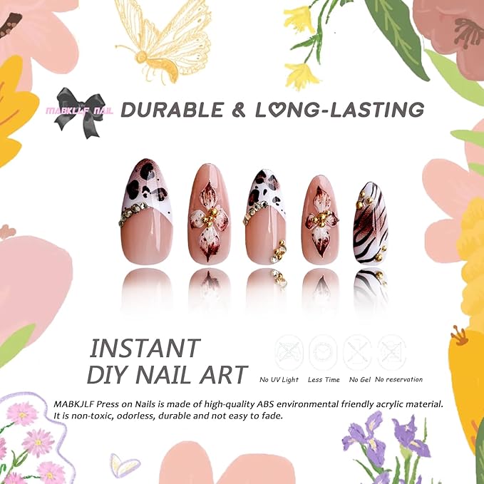 Long Press on Nails Almond MABKJLF French Tip Fake Nails 3D Fall False Nails with Leopard Print Flower Rhinestones Designs Brown Glossy Glue on Nail Autumn Acrylic Nails for Women Girls 24Pcs