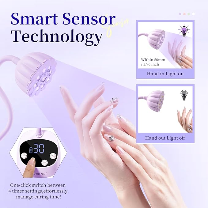 JODSONE Rechargeable Fast Curing U V Nail Lamp -Cordless Portable and Flexible Gooseneck for Gel Polish, Auto Sensor & 4 Timers Lavender Purple