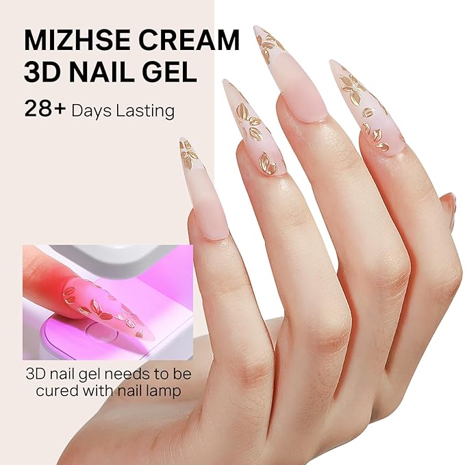 MIZHSE Cream 3D Nail Gel with Chrome Nail Powder Sculpting Gel for Nails Art No Wipe Clear Painting Gels Polish Nails for Painting Rhinestone Decoration Sculpture U V LED Curing Requires