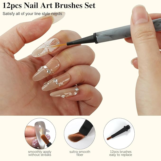 12Pcs Nail Art Brush Set,Professional Nail Art Brush Set with Push-Button Quick-Change,Nail Brushes for Acrylic,Gel,French Tips & Designs,Ergonomic Portable Kit with Storage Case(Marble)