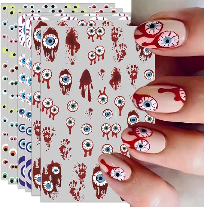 Halloween Eyeball Nail Stickers - 3D Bloody Horror Eyeball Self-Adhesive Nail Decals for DIY Funny Spooky Manicure (6 Sheets)