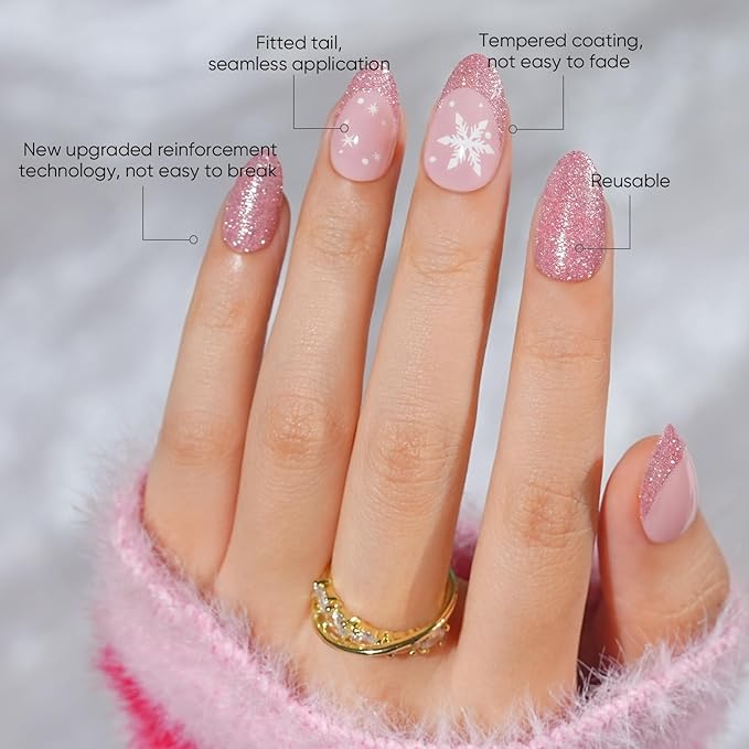 Press On Nails Almond - Jofay Fashion Pink Snowflake Glitter Press On Nails, Glossy Acrylic Fake Nails with Glue for Women, Reusable Winter Glue On Nails in 16 Sizes - 32 Stick On Nails Kit