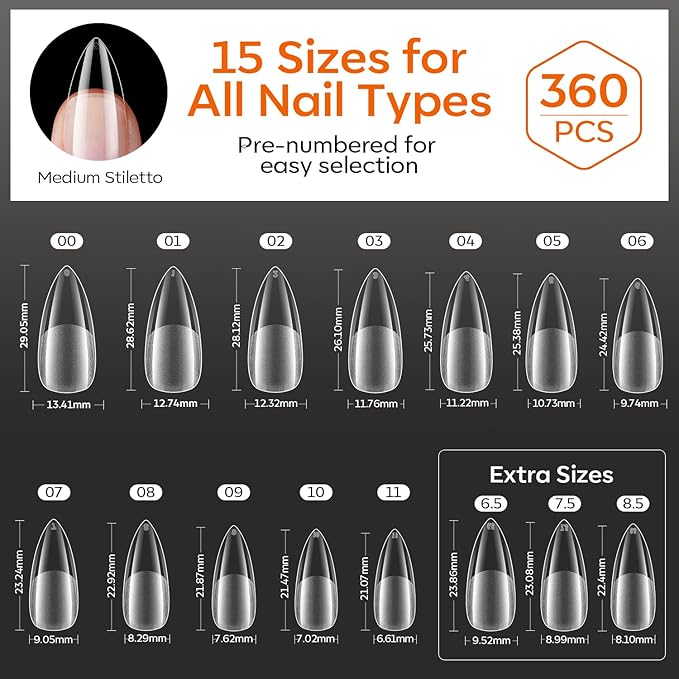 modelones Medium Stiletto Gel Nail Tips, 360pcs Pre-etched Clear Fake Nails Press On Full Cover Half Matte 15 Sizes Acrylic Gel Tips for Extension Salon