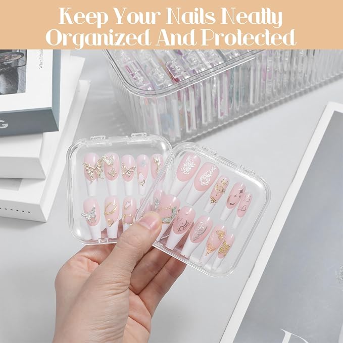 Press On Nail Orgnizer 14 PCS Clear Press On Nail Storage Boxes and 1 Big Storage box with 60 Pcs Adhesive Double Sided Tape, On Packaging for Fake Display Salon