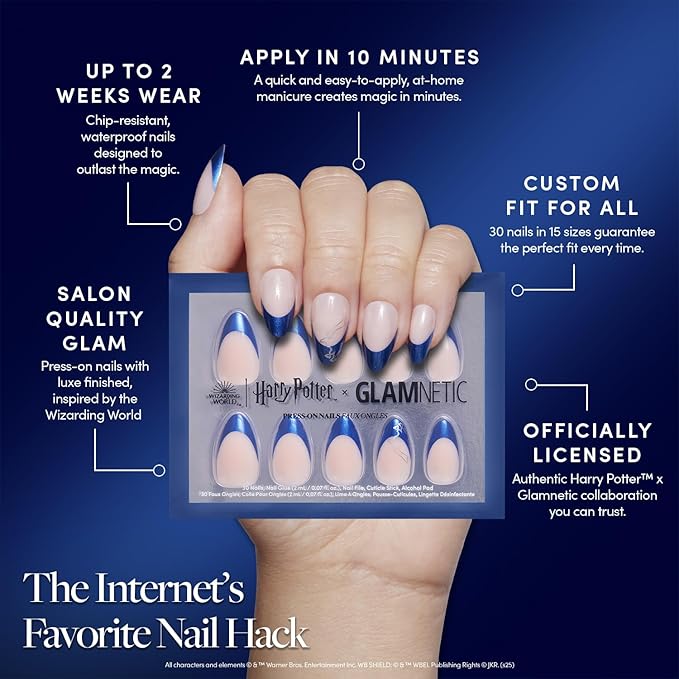 Harry Potter™ x Glamnetic Press On Nails - Ravenclaw™ | Blue French Tip Eagle Graphic Short Almond Nails in a Chrome & Glossy Finish | 15 Sizes - 30 Nail Kit with Glue