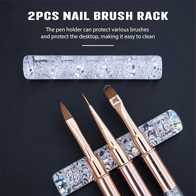 Acrylic Nail Art Brush Holder Stand - 5 Grids Crystal Clear Nail Brush Organizer, Perfect for Manicure and DIY Nail Art Pens, Brushes, and Tools (Clean+Gitter)