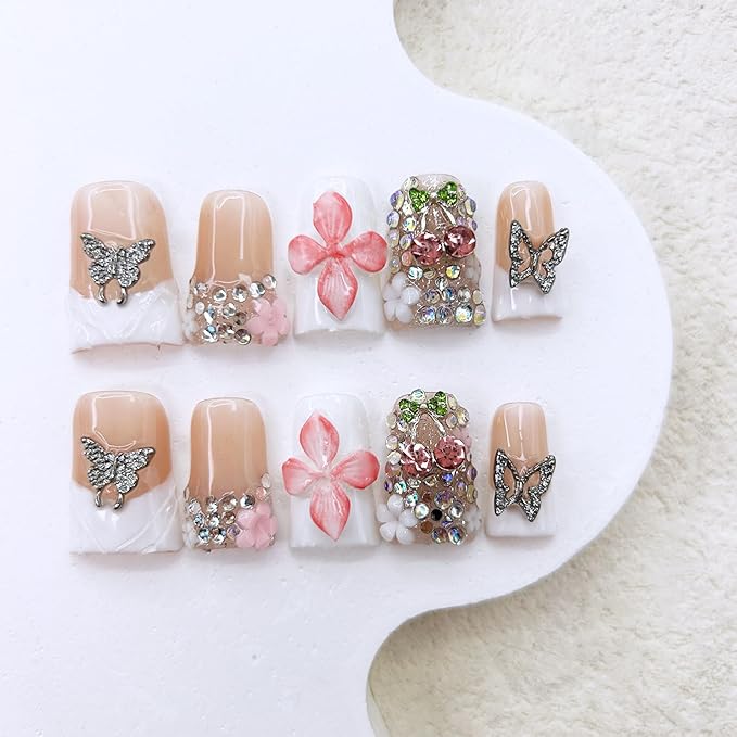 10 Pcs Handmade Press on Nails with Glue，3D Butterfly Duck False Nails Gradient Flowers Sparkly Artificial Glossy Colorful Rhinestones Designs French Tip Fake Nails Acrylic for Women Girls DIY（Size M)