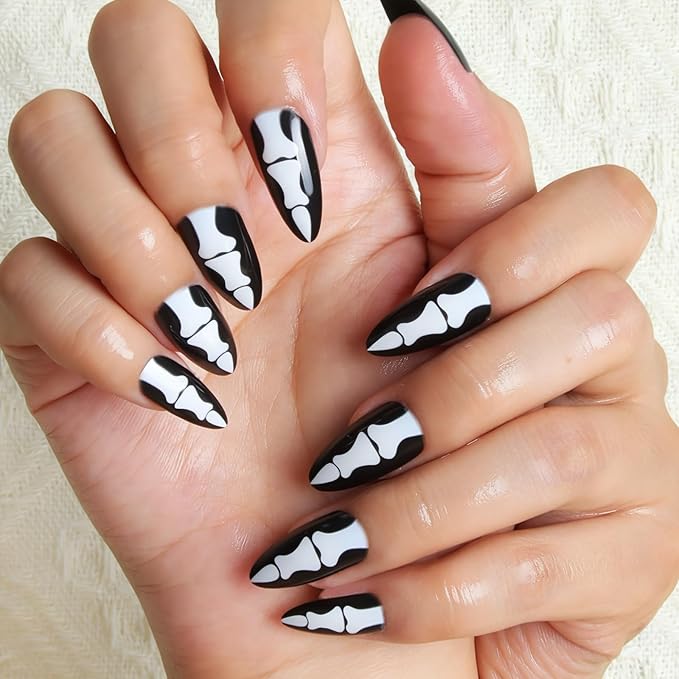 24pcs Halloween Skeleton Bone Medium Almond Press On Nails, Reusable Nail Kit with Adhesive Tabs, 10 Sizes (White)