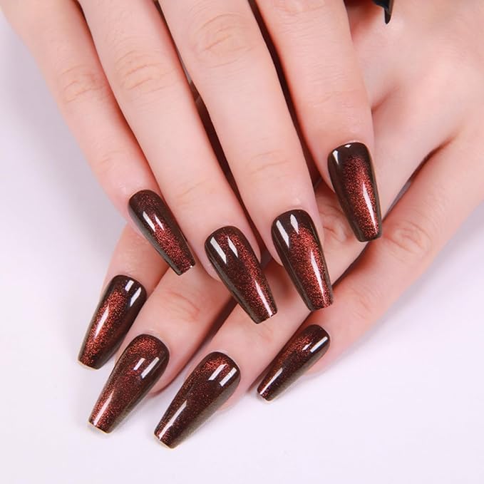 Press On Nails - Dark Maroon | Dark Red Glitter Velvet, Medium Coffin Squared With Cat Eye Design for Women and Girls, 24 Pcs Reusable Red Fake Nails
