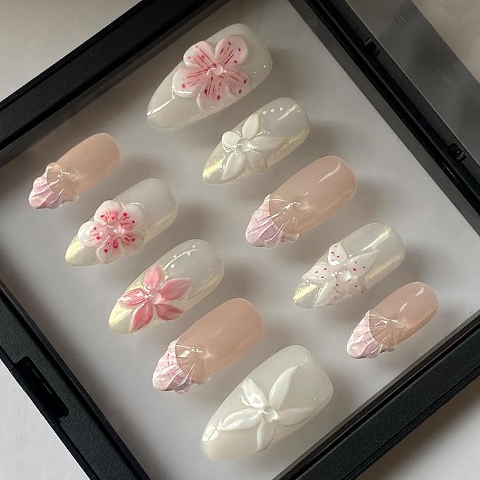 Handmade Press on Nails Medium Almond 3D Unique Fake Nails Pink&White False Nails with Designs Flower Pearls Shell Glossy Glue on Reusable Thick Acrylic Nails 10Pcs(S)