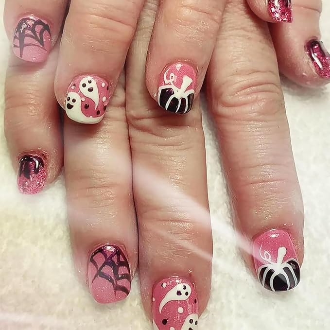 24Pcs Halloween Pink Press on Nails Short Square Fake Nails with Cute Ghost Pumpkin Spider Web Design Red Glitter False Nails Full Cover Artificial Glue on Nails Halloween Stick on Nail for Women DIY