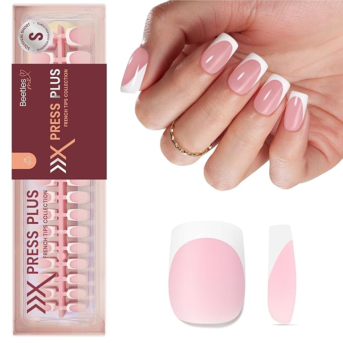 Beetles X Press Plus French Tip Nails - Camellia French | Pink Short Squoval Press On Nails | 16 Sizes 224 Pcs Natural Salon Quality Gel Nail Tips
