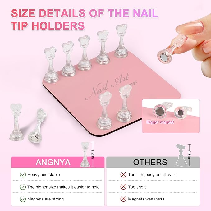 ANGNYA Nail Stand for Press Ons,Square Shape Super Magnetic Base Nail Holder for Painting Nails with 200 Pcs Reusable Double-Sided Tape for Nails Practice Nail Tools Home DIY Salon Supplies