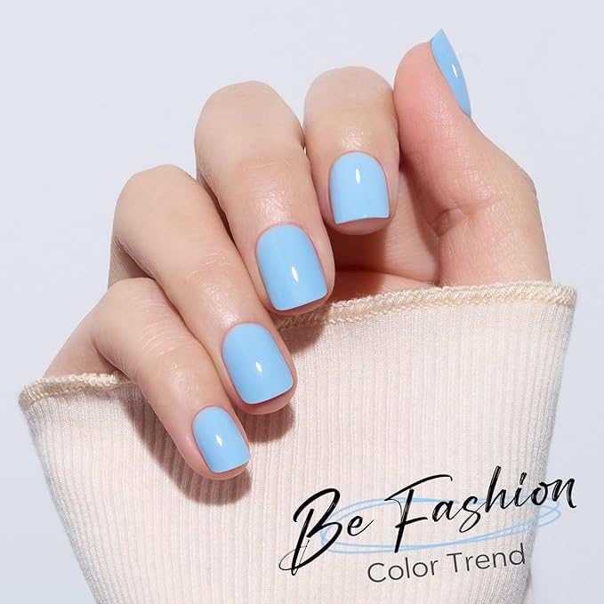 Modelones Extra Short Press on Nails, Squoval Fake Nails, Reusable Nail Kit with Nail Glue Adhesive Tabs Mini Nail File, Nails Press Ons 32Pcs 16 Sizes, Baby Blue, Spring Women Girl Gift