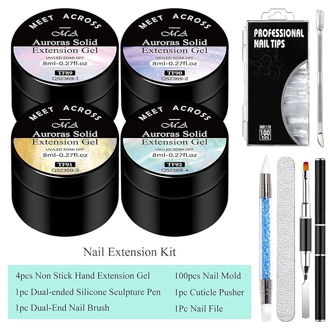 MEET ACROSS 9Pcs 3D Builder Gel Kit for Nail Art Aurora Pink Purple Non Sticky Hand Carving Extension Solid Builder Gel for Nails with Silicone Pen Manicure Kit 4 Colors