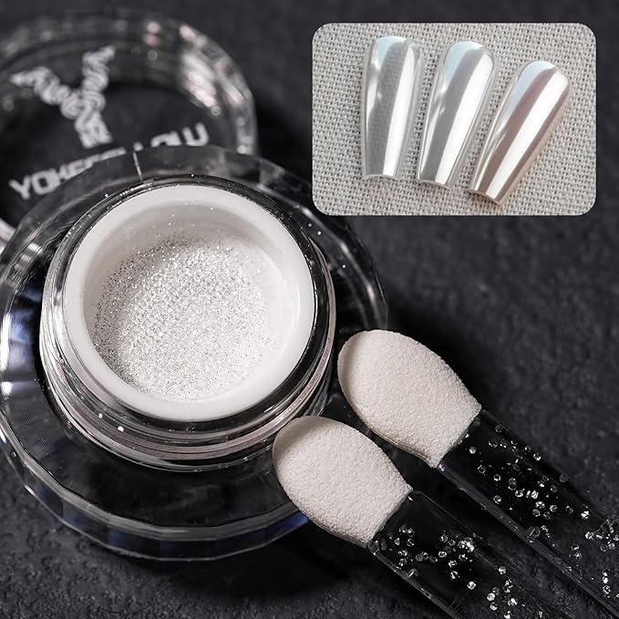 Yokefellow GleamTap Cushion White Pearl Chrome Nail Powder,Mirror Effect Pearlescent Pigment Glitter Dust Nail Art Decoration for Home DIY Salon Manicure (GT212 Pearl White