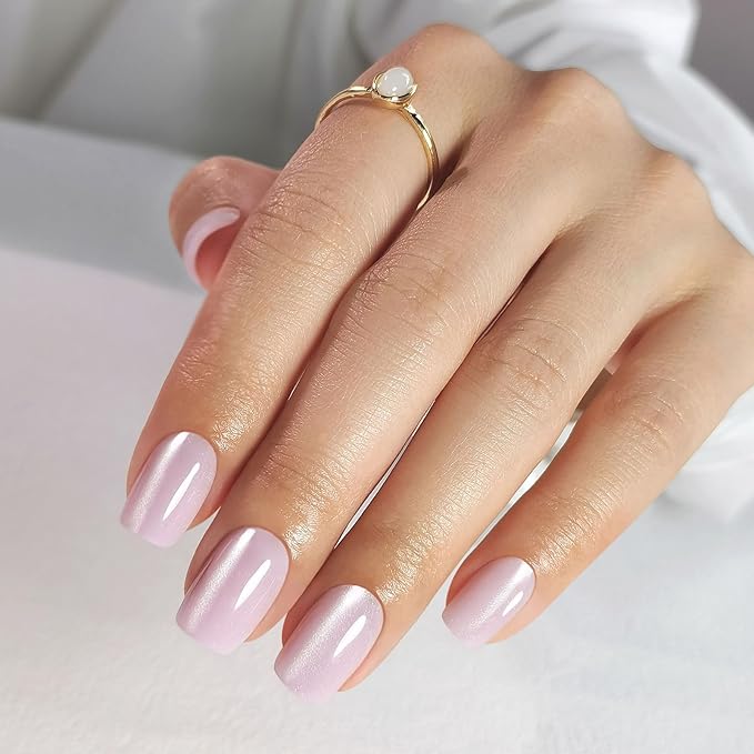 Pink Cat Eye Press on Nails Square - SHANGMENG Soft Gel Valentine Press on Nails Short for Women Gift, Fit Perfectly & Natural Glue on Nails with Glue in 16 Sizes - 32 Reusable Fake Nails, Light Pink