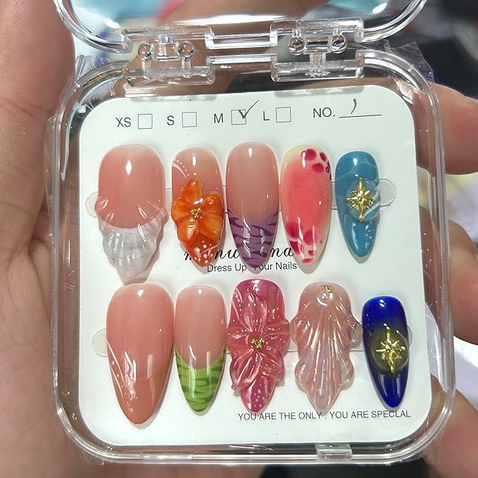 Small size Press On Nails - Handmade Unique Almond Fake Nails, Thick Acrylic and Muti-Layer Gel False Nails, Reusable Gel Cured Sturdier 3D Fake Nails (Size S)