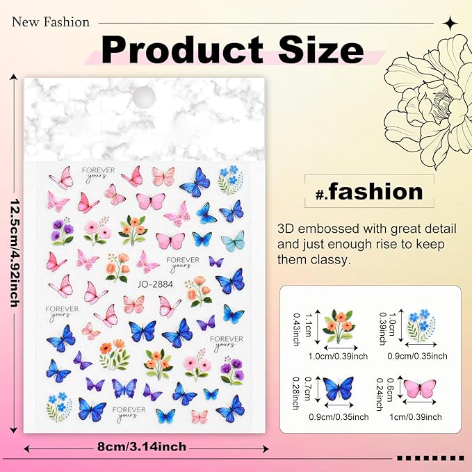 12 Sheets Butterfly Flower Nail Stickers for Nail Art, Colorful Butterflies Nail Decals,Butterfly 3D Self-Adhesive Nail Art Stickers Design for Women DIY Manicure Decoration YX1229