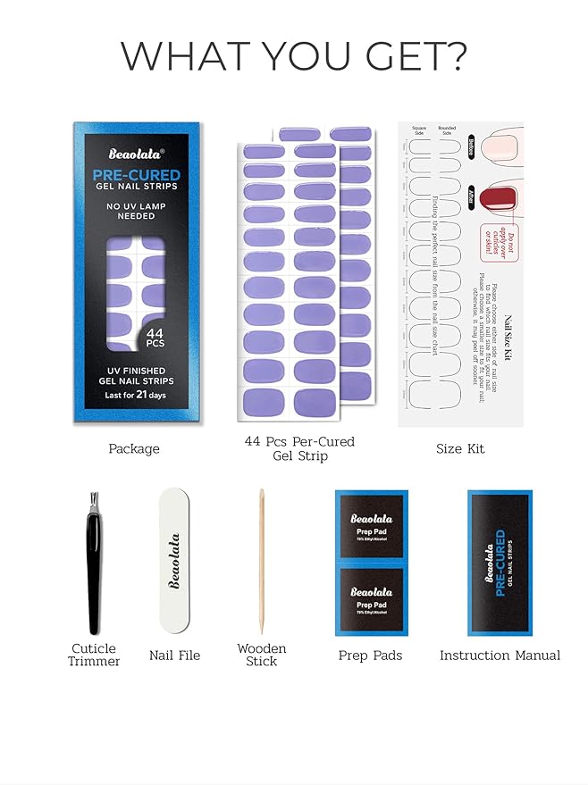Pre Cured Gel Nail Strips - 44PCS Salon Quality Gel Nail Stickers - Long Lasting Polish Wraps for Women no UV Light Needed Easy Apply & Remove (Royal Purple)
