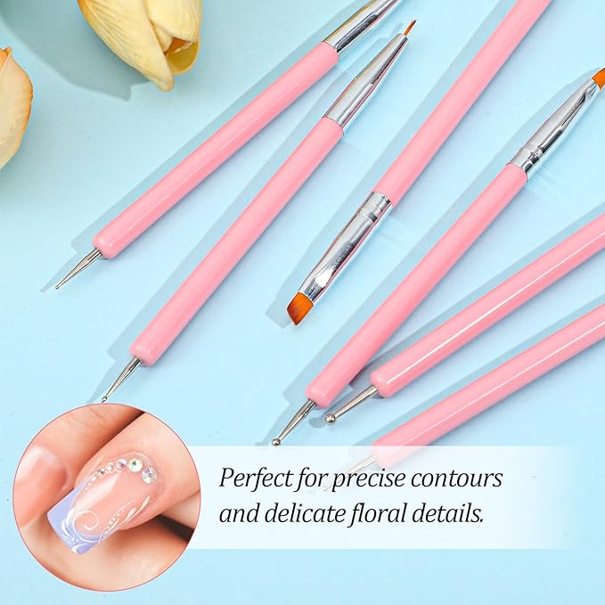 6Pcs Dotting Tools Nail Art Brushes Kit Double Ended Nails Detail Small Brush Design Pen for Gel Polish Lines Nails Drawing DIY Manicures Pink