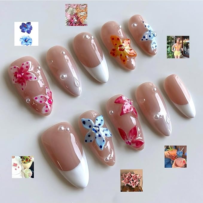 Luxury Press on Nails Medium Almond Handmade 3D Unique Reusable ABS Material Fake Nails White French Tip False Nails with Designs Polka Dots Pearls Flower Glossy Glue on Nail Thick Acrylic Nail(M)