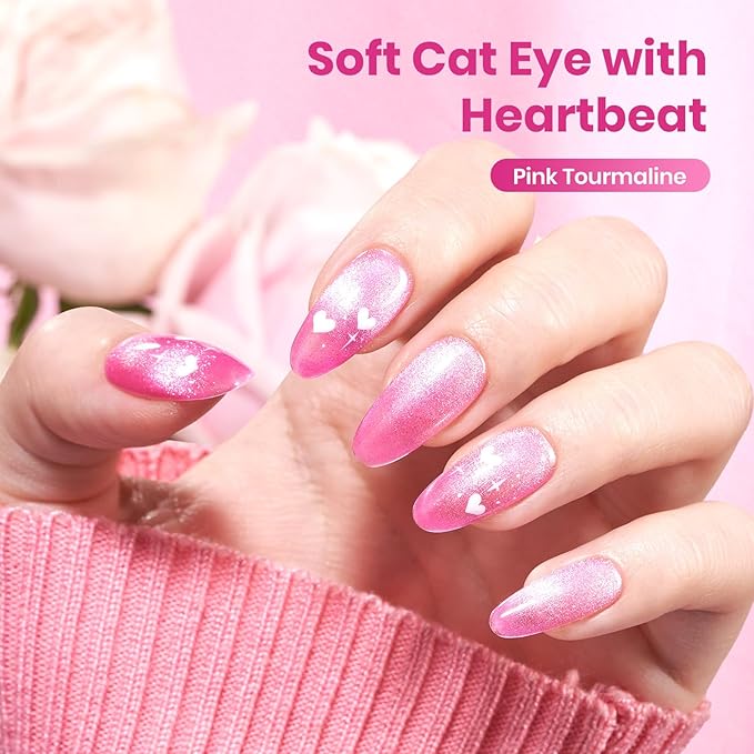 Beetles Pink Cat Eye Gel Nail Polish - 15ML Valentines Gel Polish Pink Cat Eye Glitter Magnetic Velvet Effect Soak Off UV French Nail Art Salon DIY Home Manicure Spring Gift for Women
