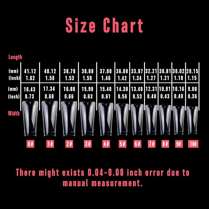 NOVO OVO XXL Long Duck Feet Nail Tips Half Cover for Acrylic, Clear C Curve XXXL Extra Super Long Flare Y2K Wide French Soft Gel False Nail Extension x 11 Sizes in Box 110 pcs