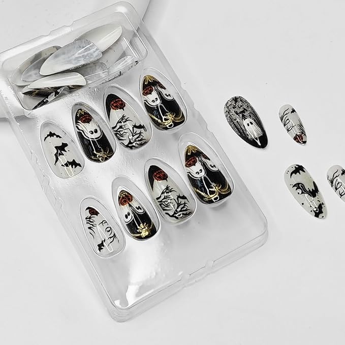 Halloween Ghost Press on Nails,Medium Almond Fake Nails,Halloween Ghost Bat Pumpkin Designs False Nails,Gold Glitter Press on Nails,Stick on Nails for Women Girls Halloween Manicure 24Pcs