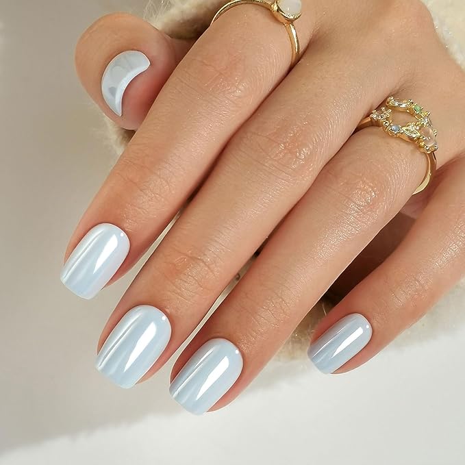 Chrome Press on Nails Square - SHANGMENG Soft Gel Blue Press on Nails Short for Women Gift, Glossy & Natural Stick on Nails with Glue in 16 Sizes - 32 Reusable Fake Nails, Aurora Light Blue