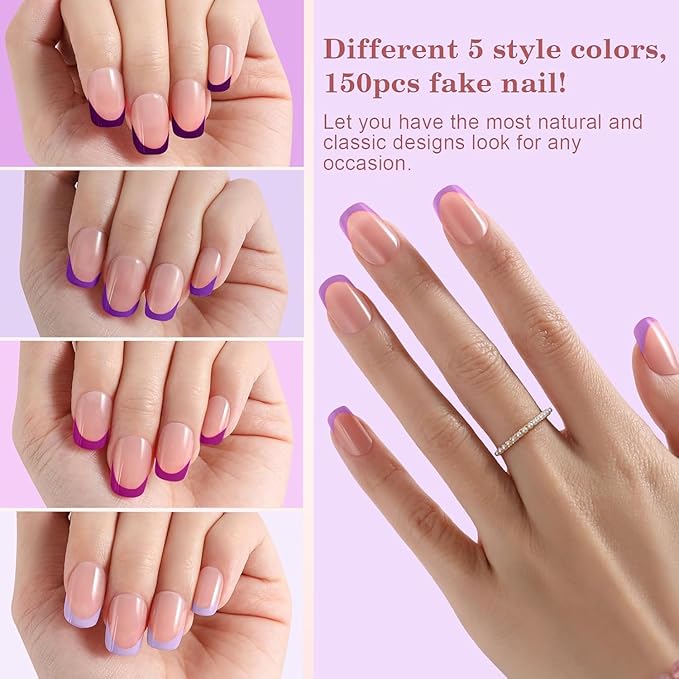 Purple French Gel Nail Tips, 150Pcs Extra Short French Tip Press on Nails, Pre-Matte Full Cover Square Acrylic Fake Nails, Soak off False Nail Tips for Women Nail DIY Extension 15Sizes