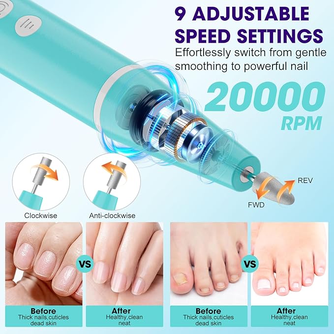 Cordless Nail Drill, Super Lightweight Electric Nail File, Low Noise Electric Nail Drill with 9 Speed & LCD Display, Toenail Grinder for Thick Nail Toenail Cuticle Human Women Baby Pets