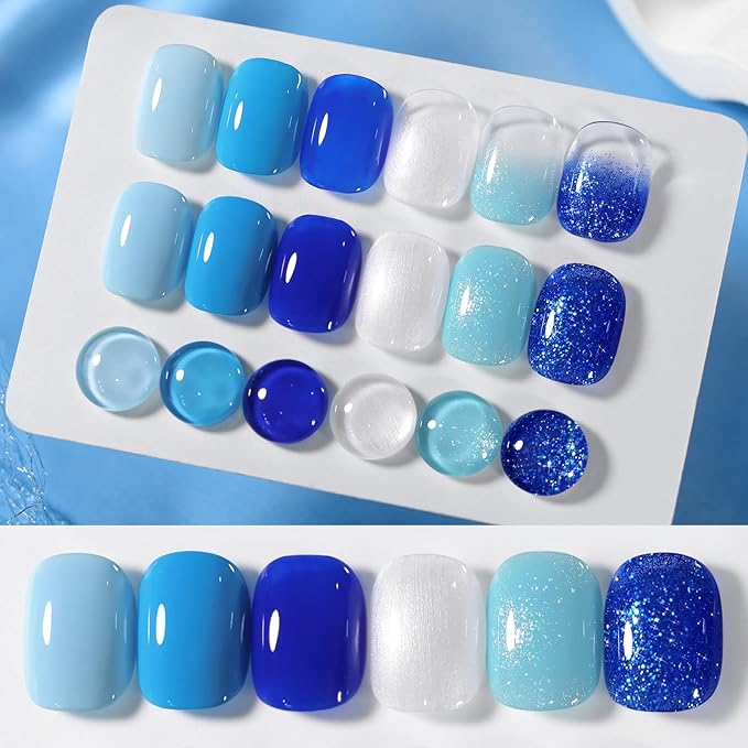 BORN PRETTY Blue Gel Nail Polish Set 6 Colors From Light Sky to Royal Navy Dark Blue Glitter Shimmer White Pearl Gel Polish Kit for Salon Manicure and Nail Art DIY at Home